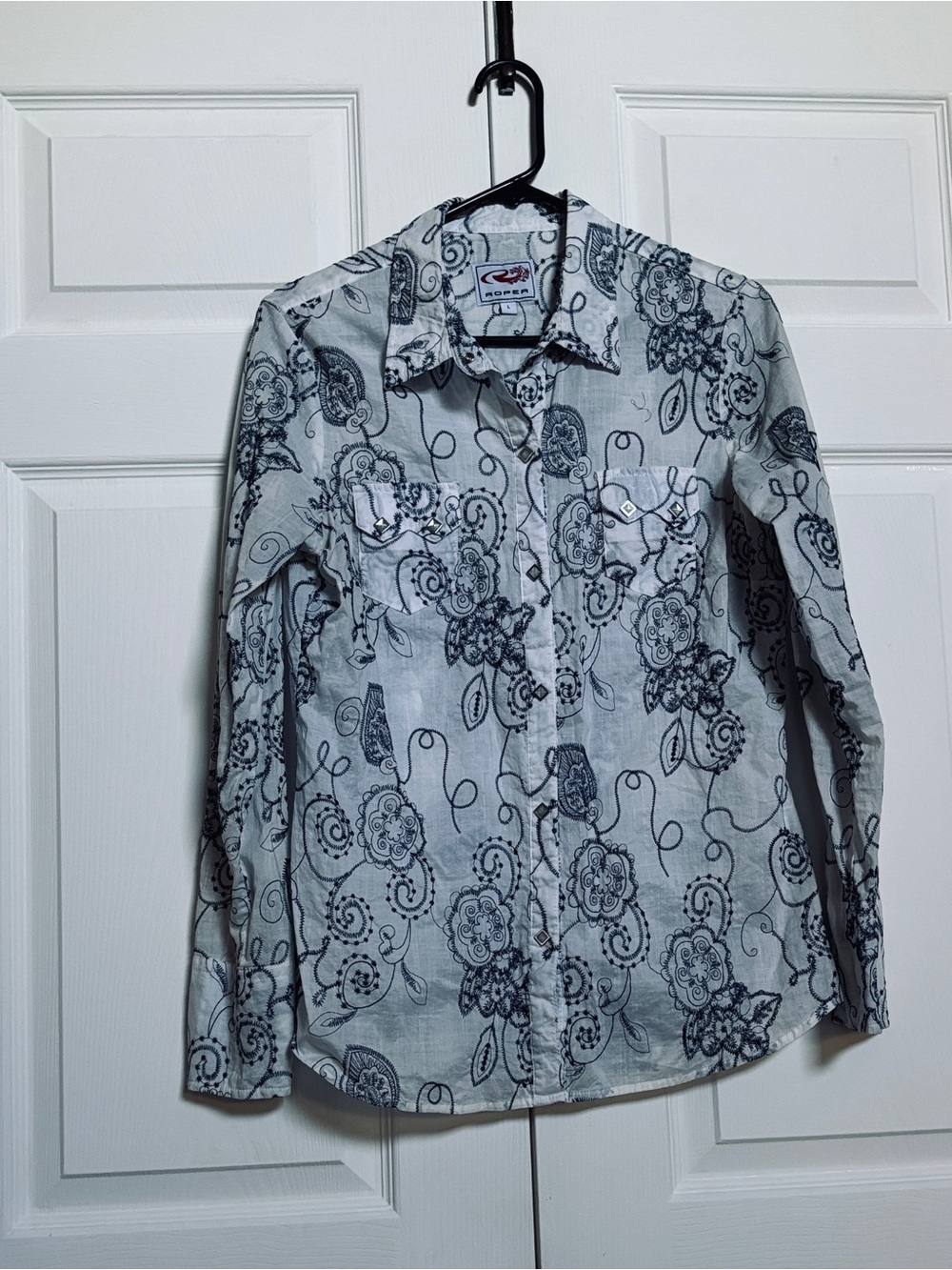 Roper Womens L Western Shirt Pearl Snap Paisley White Blue Cotton